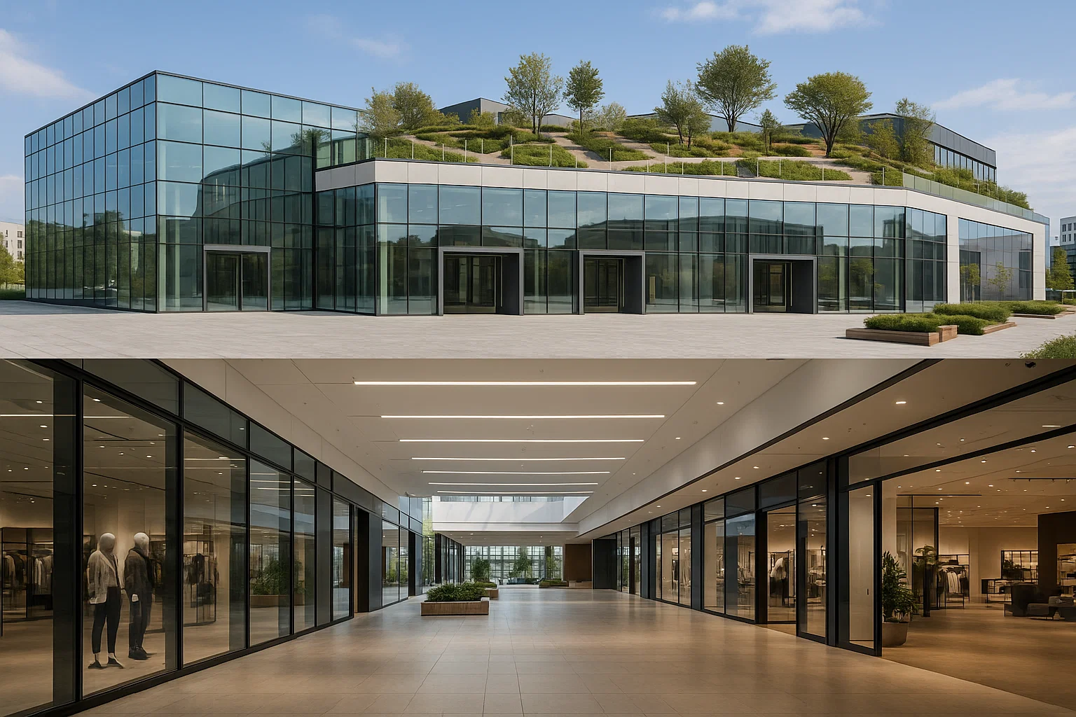 Nowe lokale do wynajęcia w Galerii Północnej w Warszawie 1 | wynajmij-lokal.pl Nowoczesna Galeria Północna w Warszawie z przeszkloną fasadą i zielonym dachem-ogrodem.