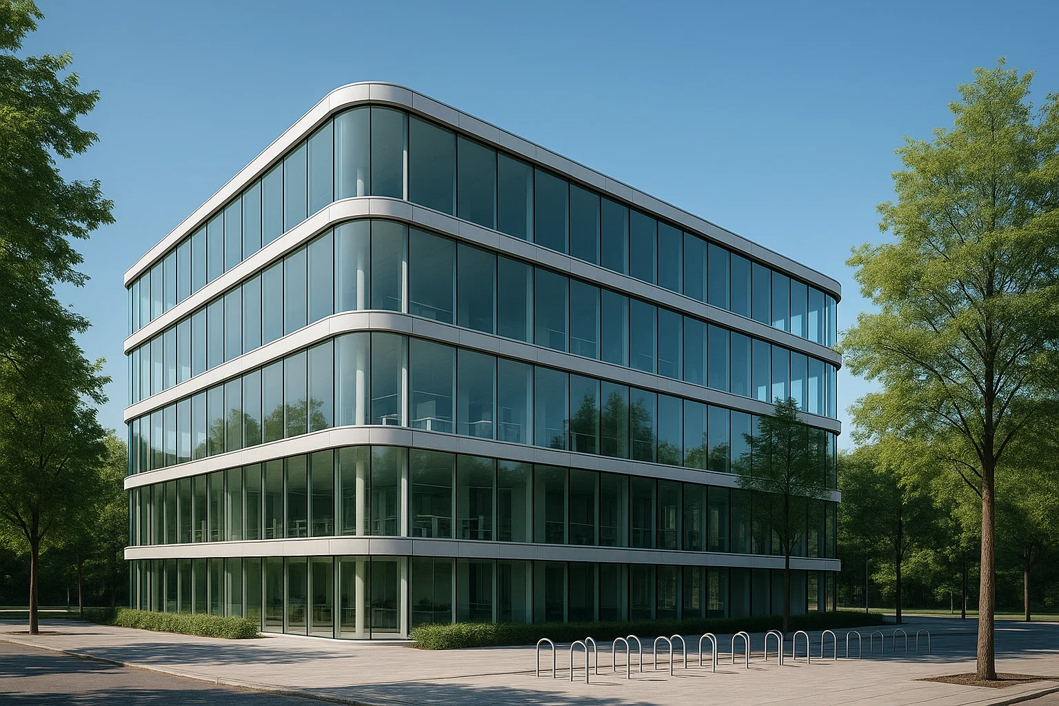 Nowoczesny biurowiec w Warszawie z przeszkloną fasadą, zaokrąglonymi bokami i poziomymi liniami, otoczony zielenią i stojakami rowerowymi.
