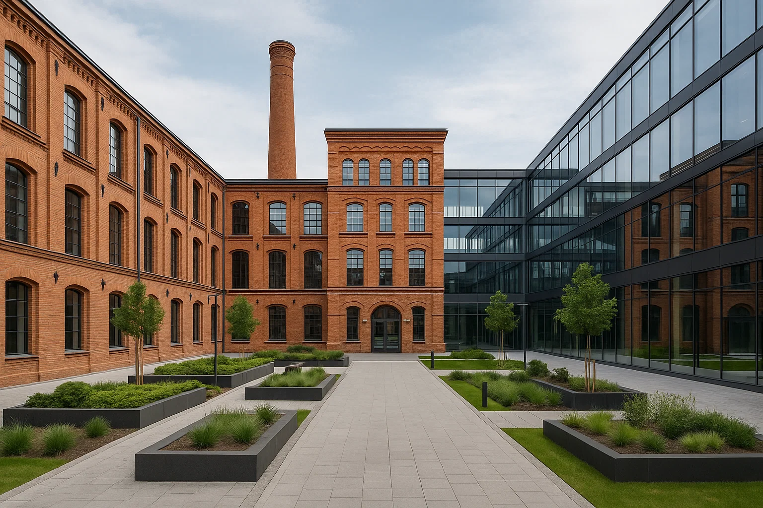 Wnętrze biura w stylu industrialnym z ceglanymi ścianami, stalowymi belkami i dużymi oknami loftowymi.