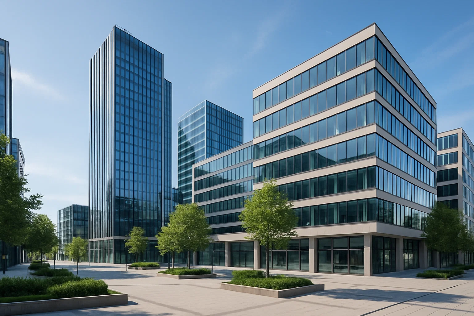 Wynajem Nieruchomości Komercyjnych w Polsce: Kompletny Przewodnik 2024 1 | wynajmij-lokal.pl Nowoczesny kompleks biurowo-handlowy w Polsce z przeszklonymi budynkami i przestrzenią miejską.