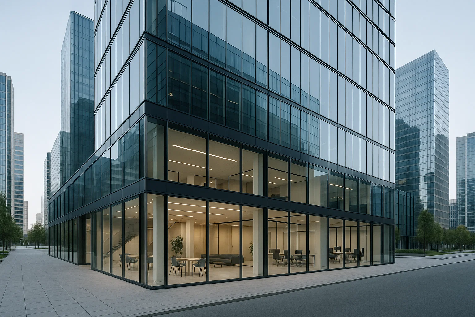 Nowoczesny budynek biurowy w Warszawie z przeszkloną fasadą i wnętrzem w minimalistycznym stylu.